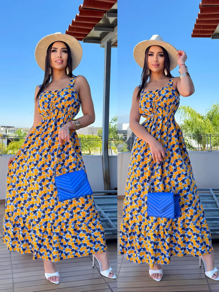 Vestido floral con tirante grueso color amarillo y azul