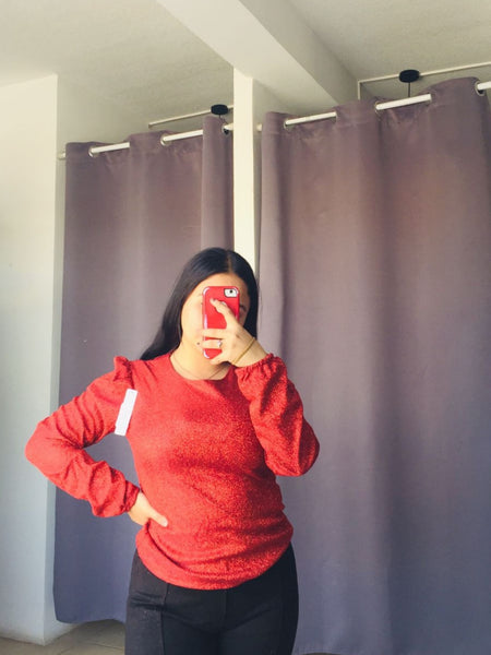 Blusa de brillos de manga larga roja