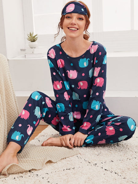 Pijama con estampado de elefante color azul marino