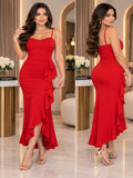 Vestido de tirantes con olan caido y abertura en pierna rojo