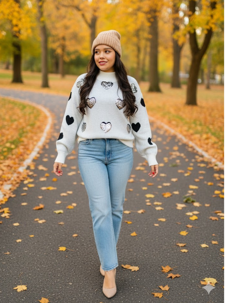 Sueter tejido con diseño de corazon con lentejuela blanco