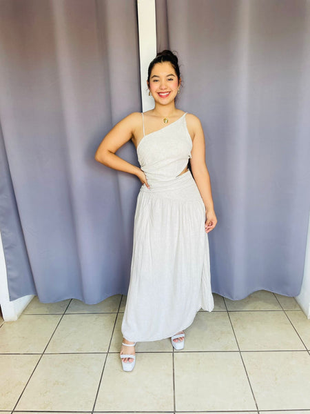 Vestido asimetrico con tirantes en espalda corta A beige