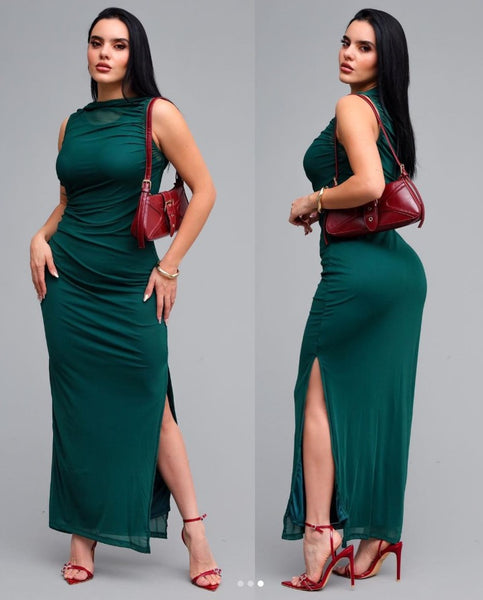 Vestido estilo mesh de cuello alto verde