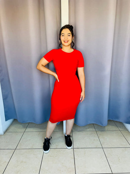 Vestido liso basico de manga corta rojo