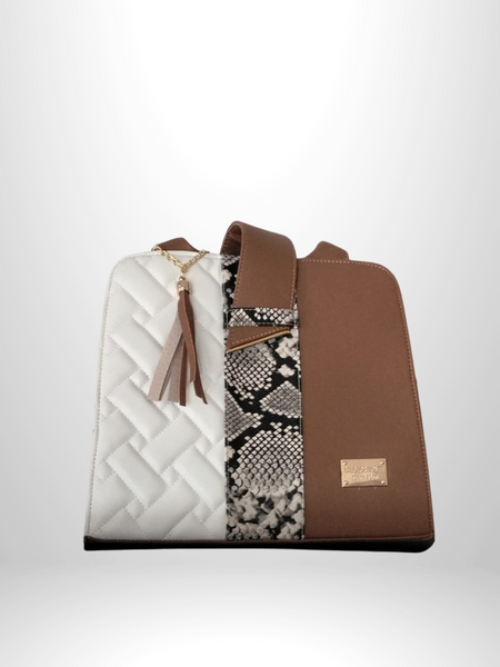 Bolsa café y blanco con estampado de serpiente