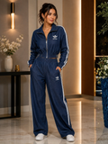 Conjunto de mezclilla con detalle de lineas adidas color mezclilla obscura