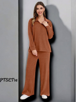 Conjunto tejido de lineas sueter cuello V y pantalon de campana naranja