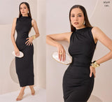 Vestido de cuello alto de bocamanga con corrugado color negro
