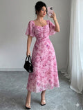Vestido con estampado floral con manga color rosa