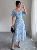 Vestido con estampado floral con manga color azul