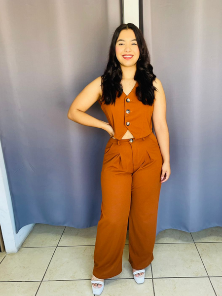 Conjunto de chaleco liso con botones café