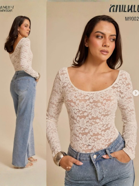 Blusa de encaje de manga larga blanco