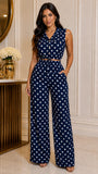 Conjunto de blusa con bocamanga y botones dorados de lunares color azul marino