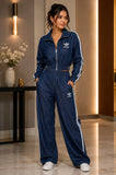 Conjunto de mezclilla con detalle de lineas adidas color mezclilla obscura