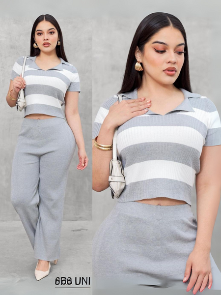 Conjunto de blusa de rayas con cuello V y pantalon gris