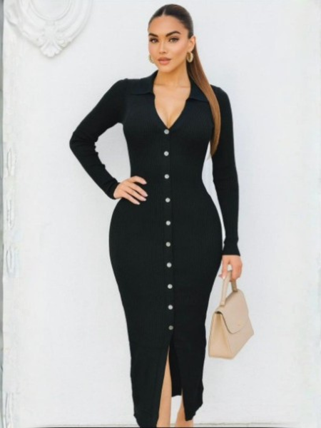 Vestido tejido negro con botones frontales largo