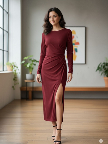 Vestido de cuello U largo color vino