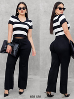 Conjunto de blusa de rayas con cuello V y pantalon negro