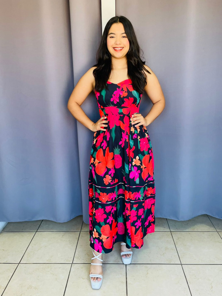 Vestido con estampado de flor y piña rosa negro