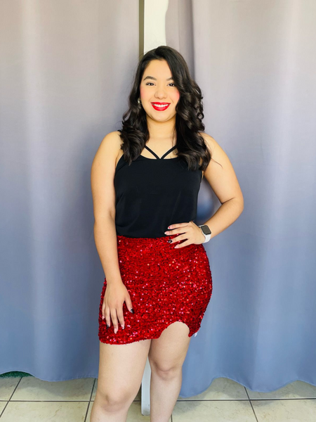 Falda de lentejuela con abertura roja