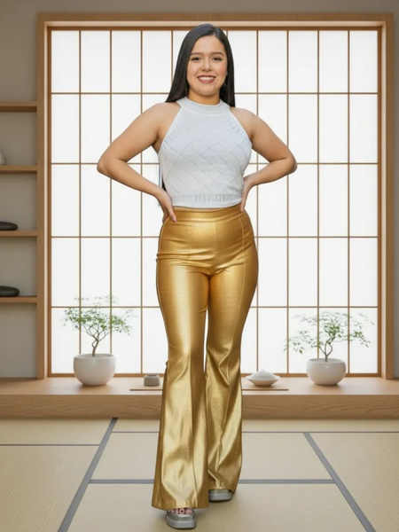 Pantalon de campana metalico dorado