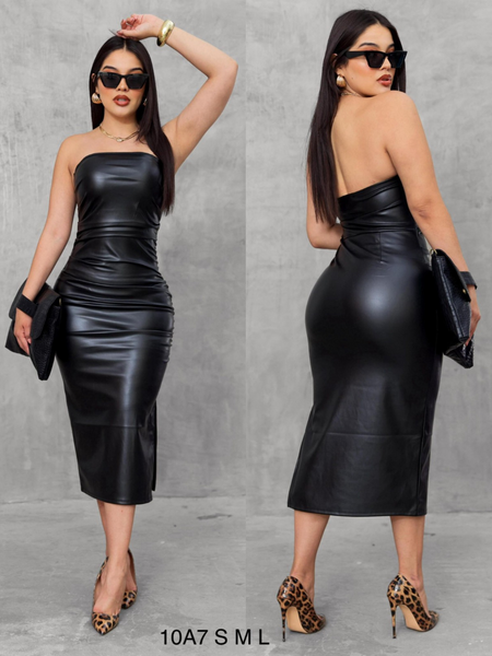 Vestido straple de vinipiel negro