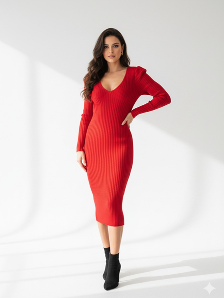 Vestido cuello V de manga larga color rojo