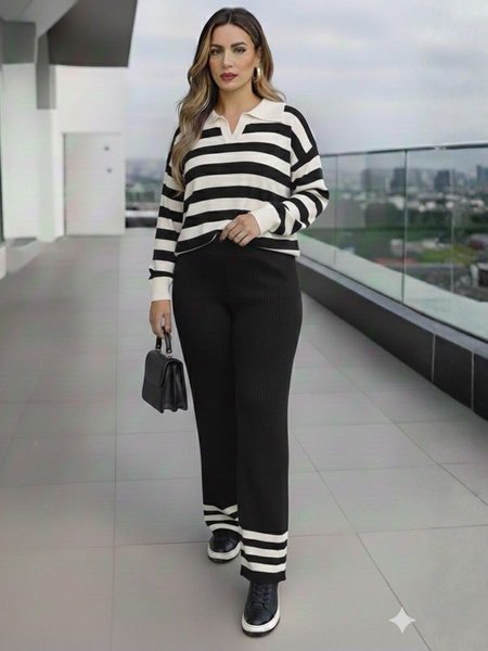 Conjunto tejido de sueter de cuello V con estampado de lineas beige con negro