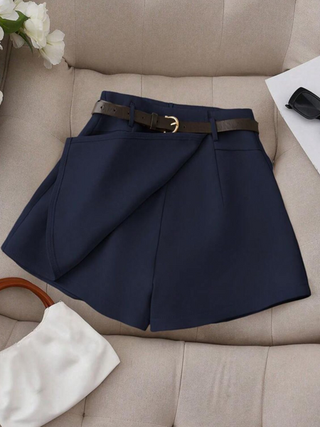 Short falda azul marino de vestir con cinto cafe