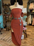 Vestido naranja cobre strapless con mangas y abertura en pierna