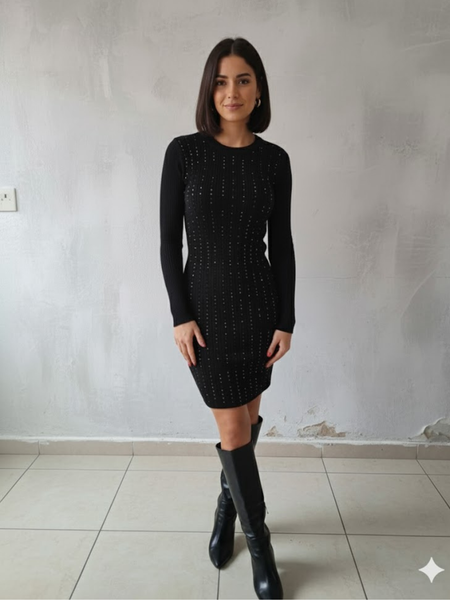 Vestido tejido con brillos en la parte frontal de manga larga negro