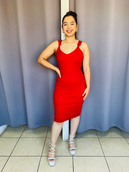Vestido tejido con detalle de encaje en tirantes rojo