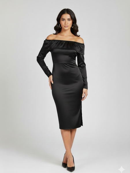 Vestido de satin a los hombros color negro