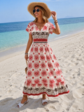Vestido con estampado floral y elastico en cintura manga mariposa vino