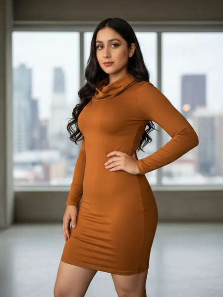 Vestido de licra de manga larga y cuello alto -Café