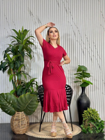 Vestido de manga con olanes recto y cinto tipo rib rojo