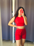 Conjunto de short y blusa color plata con barbas color rojo