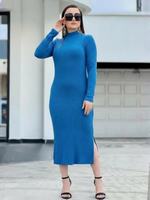 Vestido de cuello y manga larga de lineas Azul