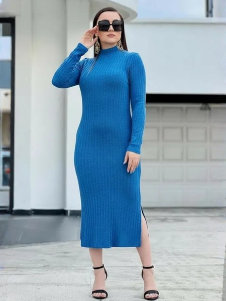 Vestido de cuello y manga larga de lineas Azul