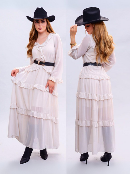 Vestido largo de olanes cuello V beige