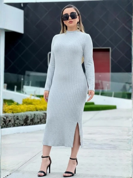 Vestido de cuello y manga larga de lineas  Gris
