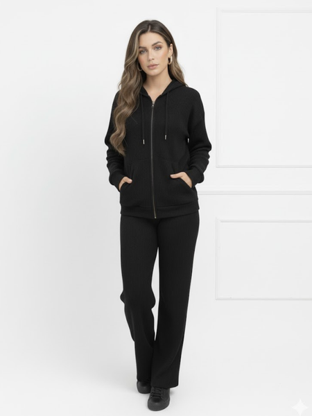 Conjunto con relieve de lineas sudadera de zipper y gorro y pantalon negro