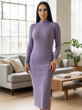 Vestido de cuello y manga larga de lineas Morado
