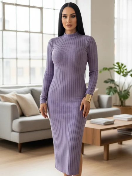 Vestido de cuello y manga larga de lineas Morado