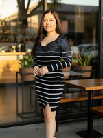 Vestido con escote V estampado de lineas con lentejuela negro