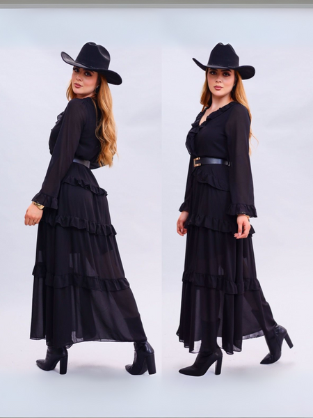 Vestido largo de olanes cuello V negro