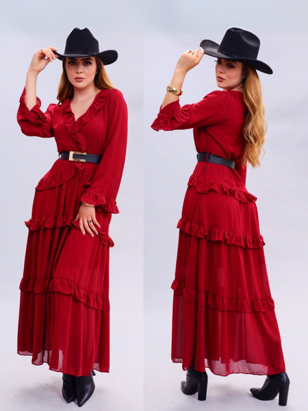 Vestido largo de olanes cuello V vino
