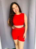 Conjunto de short y blusa color plata con barbas color rojo