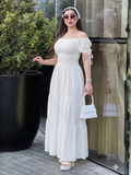 Vestido con elastico en cintura y listones en manga blanco