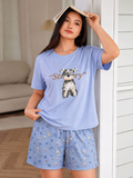 Pijama de 3 piezas deplayera  short y pantalon estampado perrito azul